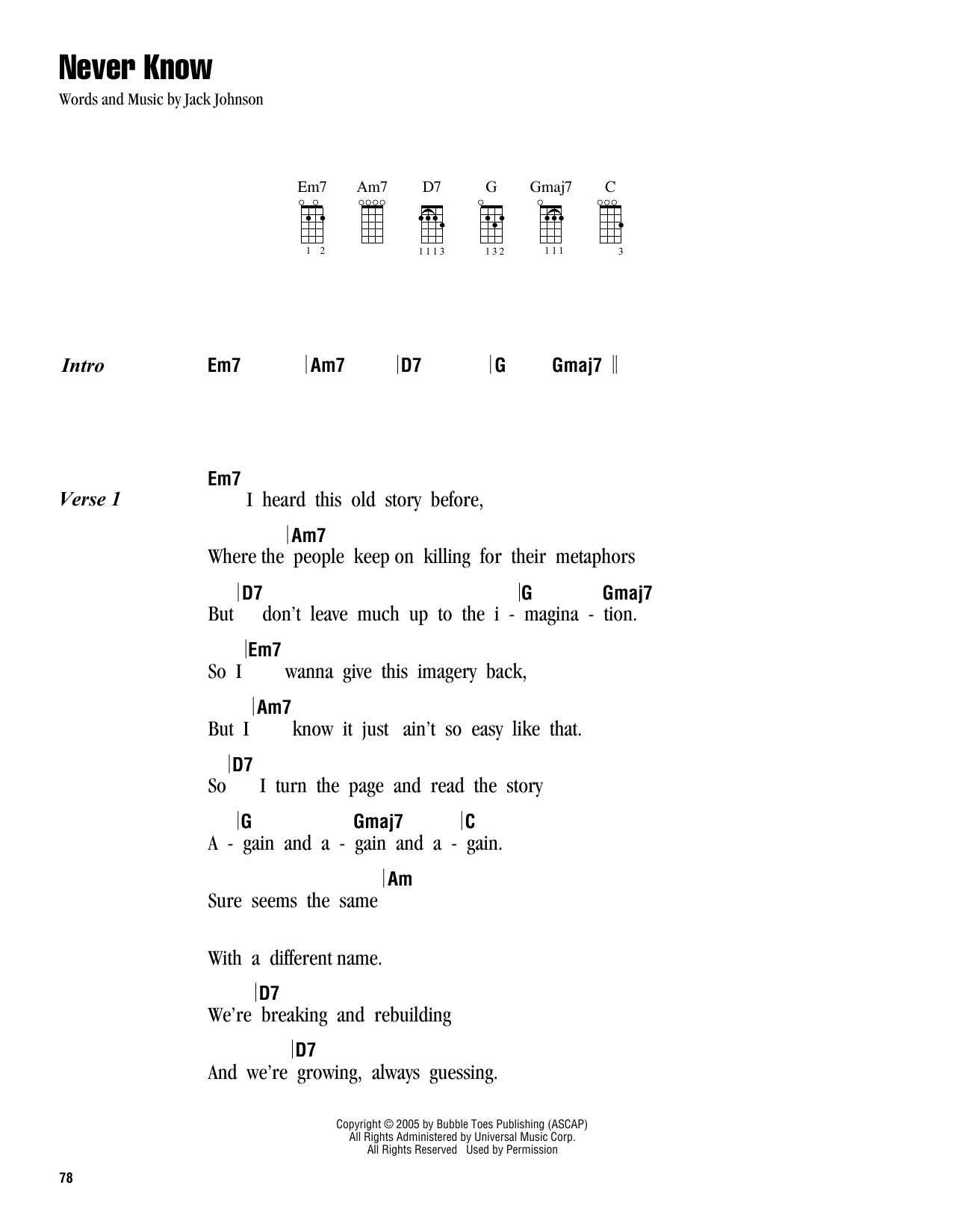 Jack Johnson Never Know Sheet Music