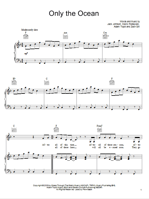 Jack Johnson Only The Ocean Sheet Music
