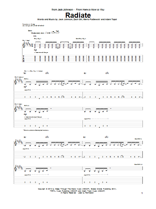 Jack Johnson Radiate Sheet Music