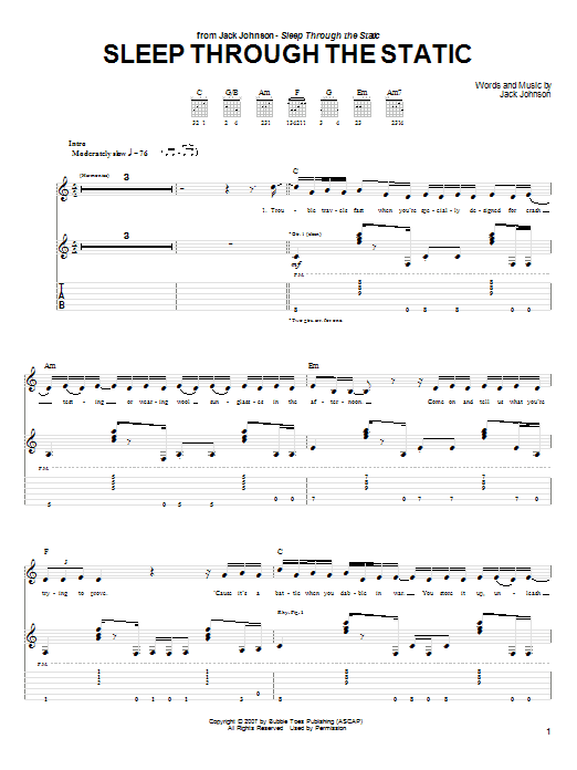 Jack Johnson Sleep Through The Static Sheet Music