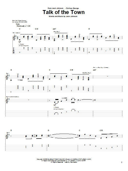 Jack Johnson Talk Of The Town Sheet Music