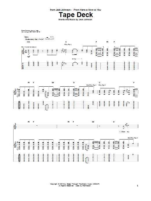 Jack Johnson Tape Deck Sheet Music