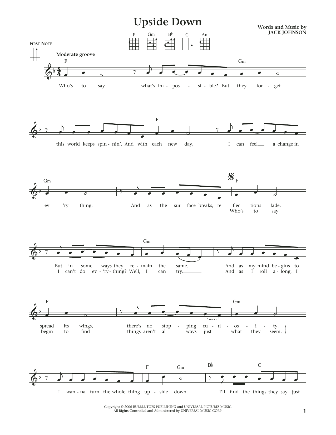 Jack Johnson Upside Down (from The Daily Ukulele) (arr. Liz and Jim Beloff) Sheet Music