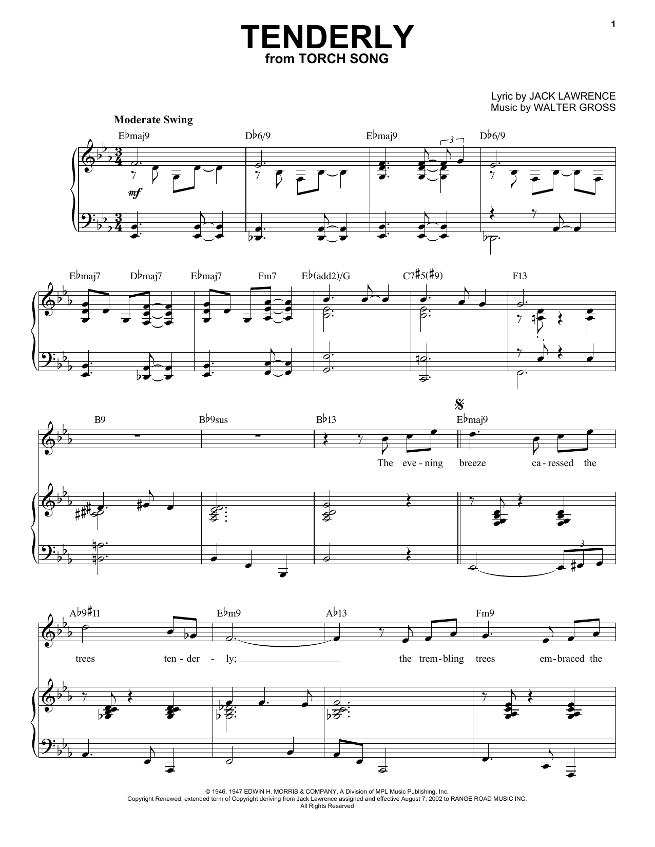 Jack Lawrence and Walter Gross Tenderly [Jazz version] (arr. Brent Edstrom) Sheet Music