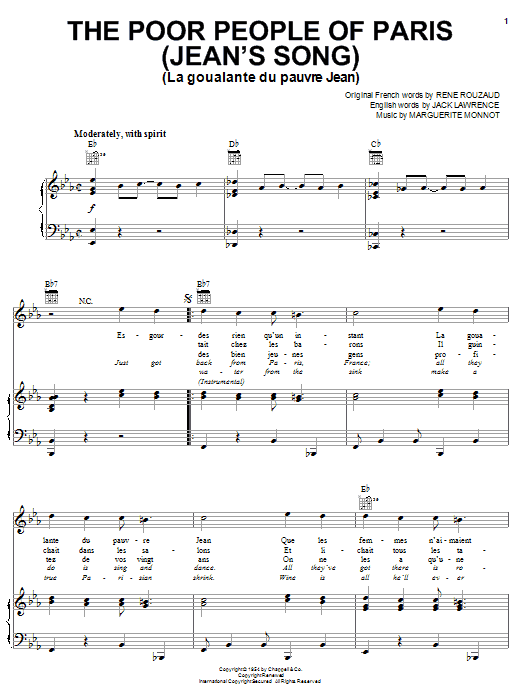 Jack Lawrence The Poor People Of Paris (Jean's Song) Sheet Music