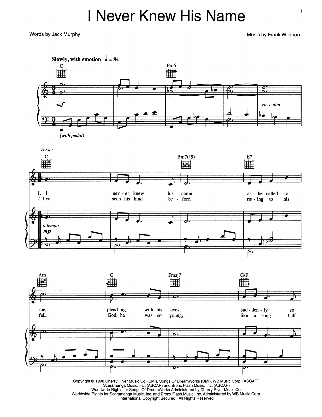 Jack Murphy I Never Knew His Name Sheet Music