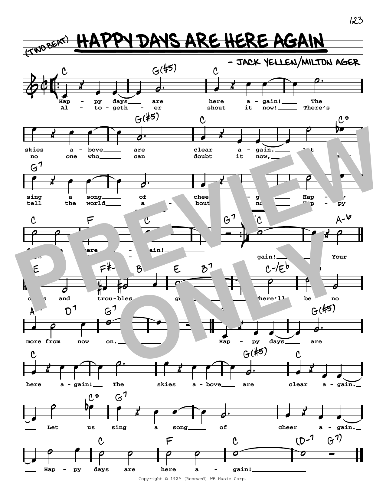 Jack Yellen and Milton Ager Happy Days Are Here Again (High Voice) (from Chasing Rainbows) Sheet Music