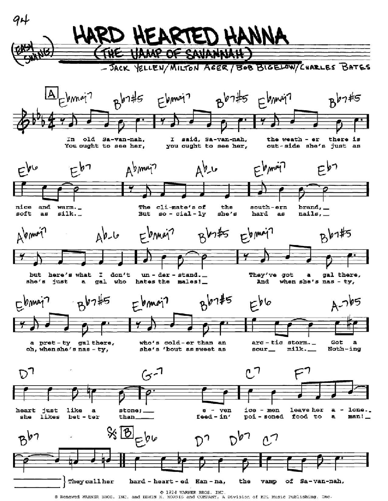 Jack Yellen Hard Hearted Hannah (The Vamp Of Savannah) Sheet Music