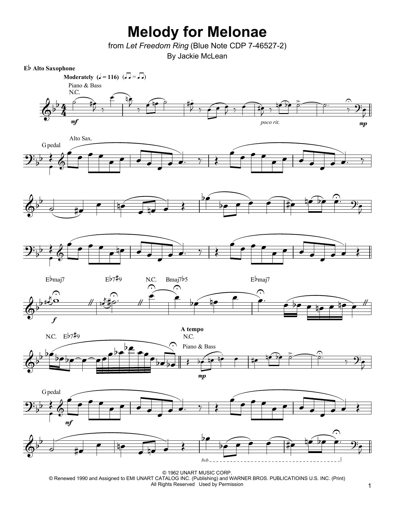 Jackie McLean Melody For Melonae Sheet Music