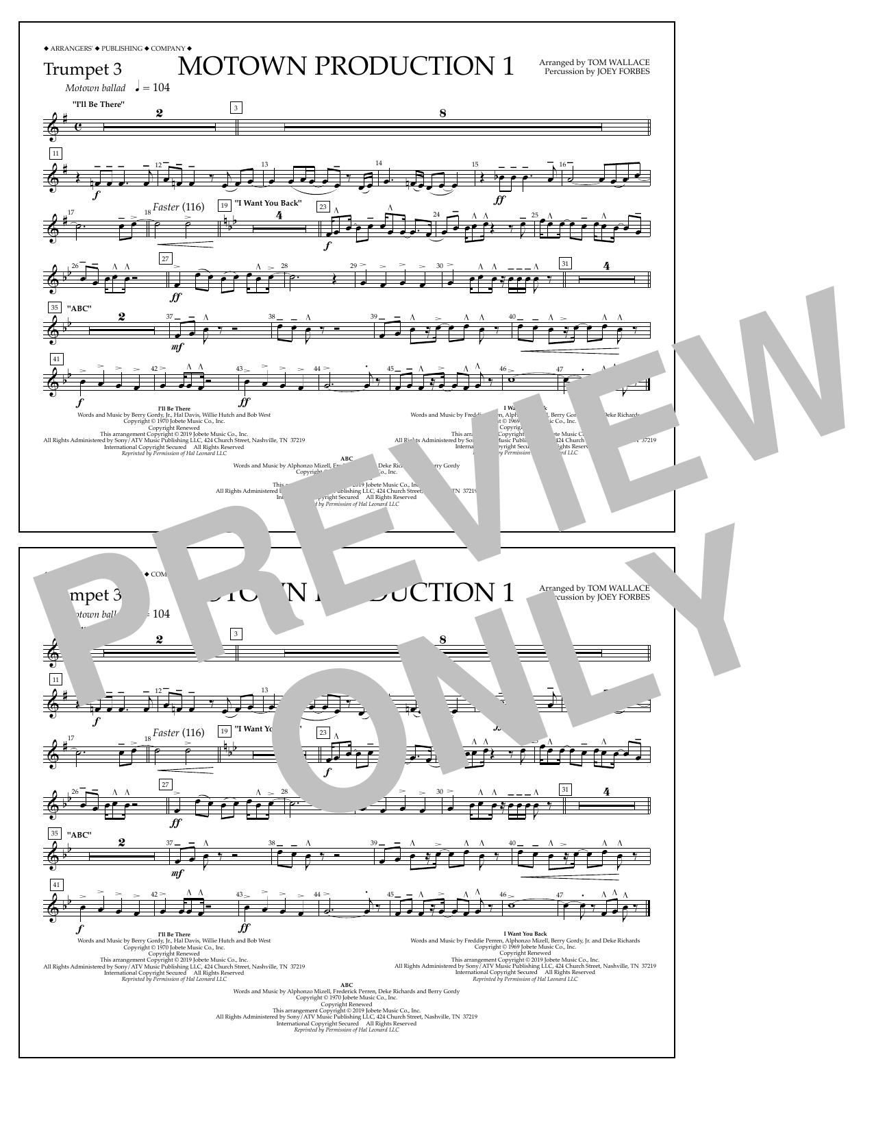 Jackson 5 Motown Production 1(arr. Tom Wallace) - Trumpet 3 Sheet Music
