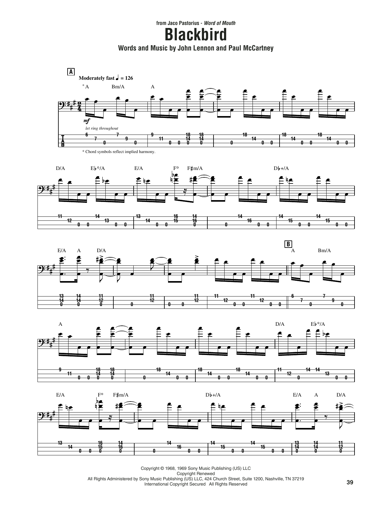 Jaco Pastorius Blackbird Sheet Music