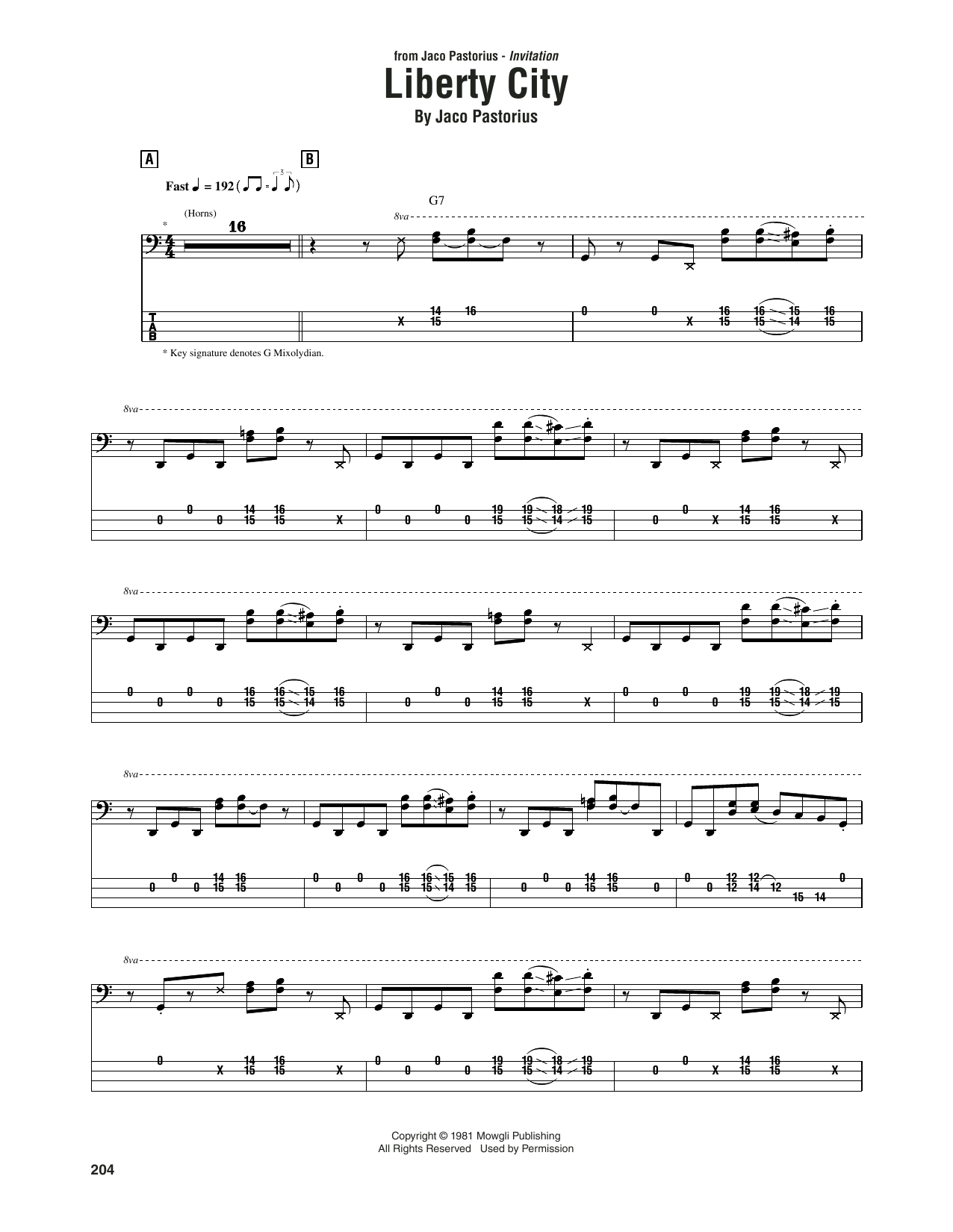 Jaco Pastorius Liberty City Sheet Music