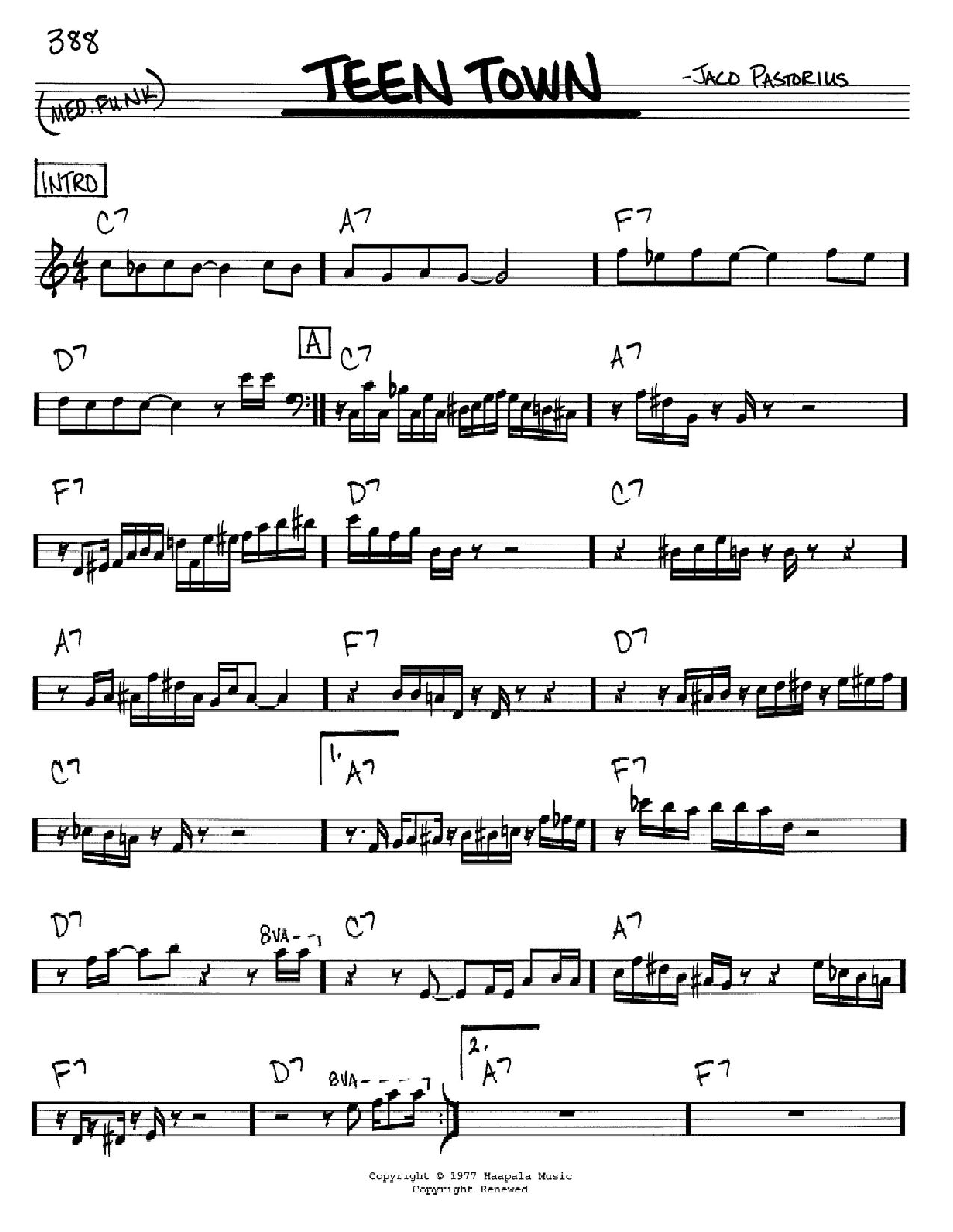 Jaco Pastorius Teen Town Sheet Music
