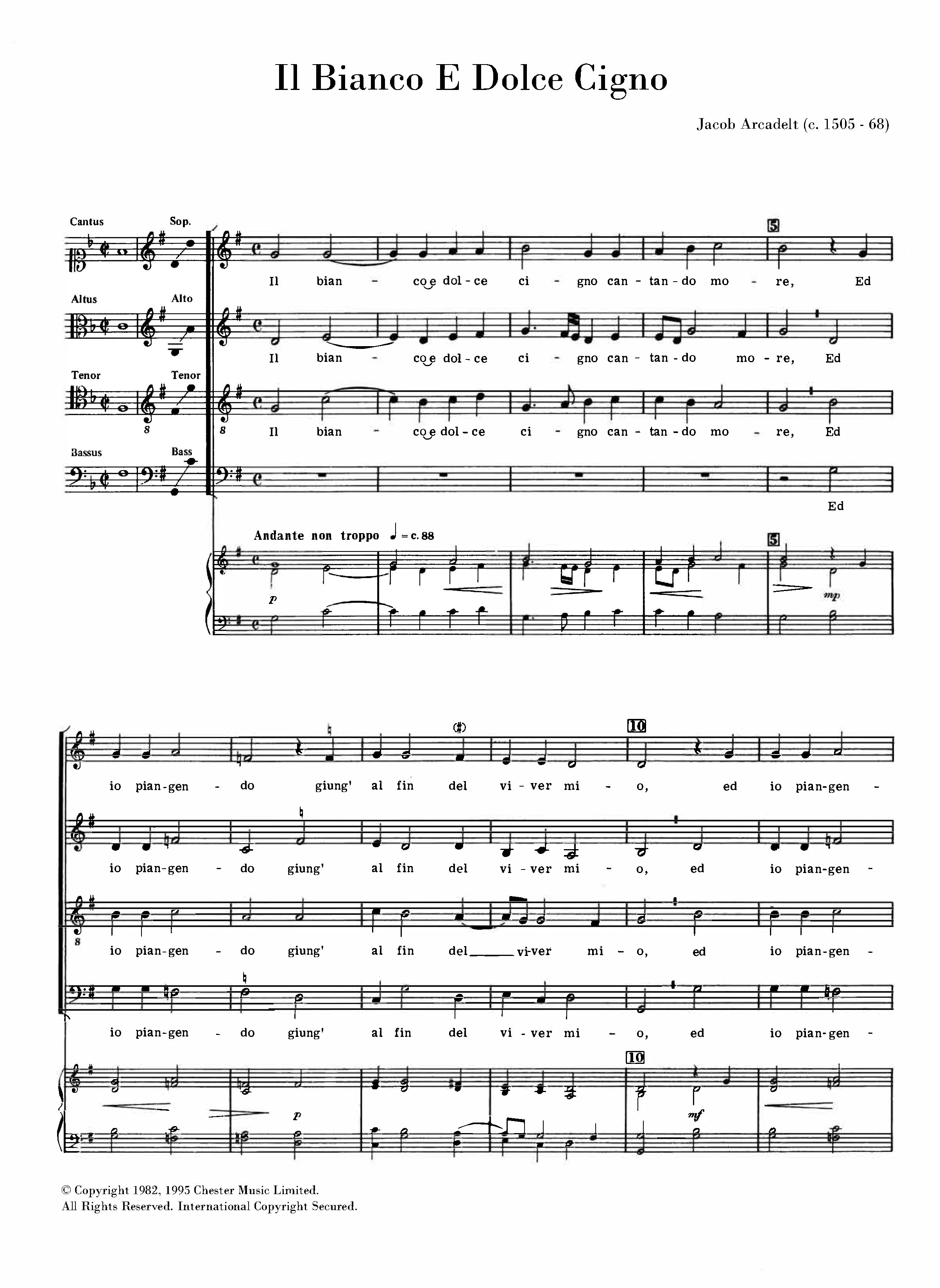Jacob Arcadelt Il Bianco E Dolce Cigno Sheet Music