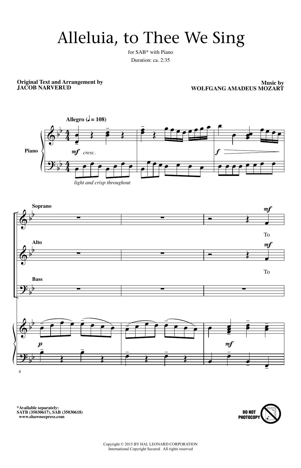 Jacob Narverud Alleluia, To Thee We Sing Sheet Music