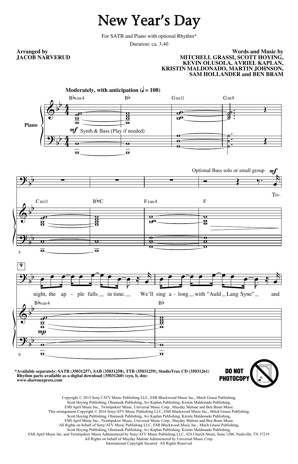 Jacob Narverud New Year's Day Sheet Music
