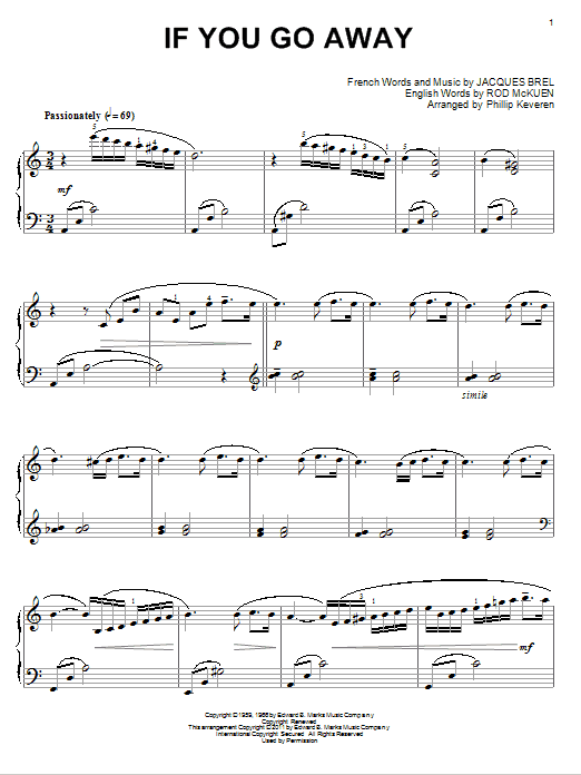 Jacques Brel If You Go Away (arr. Phillip Keveren) Sheet Music