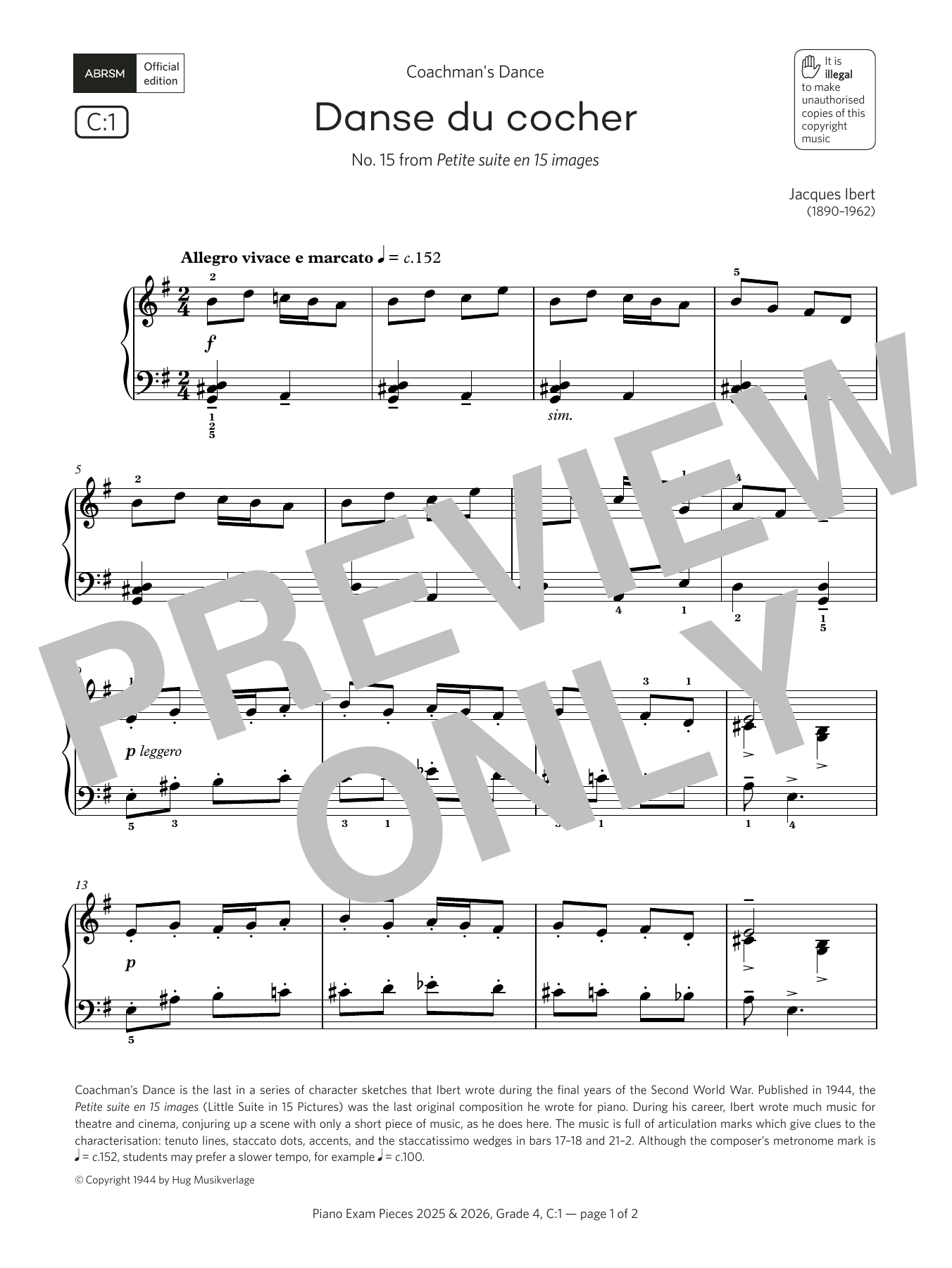 Jacques Ibert Danse du cocher (Grade 4, list C1, from the ABRSM Piano Syllabus 2025 & 2026) Sheet Music
