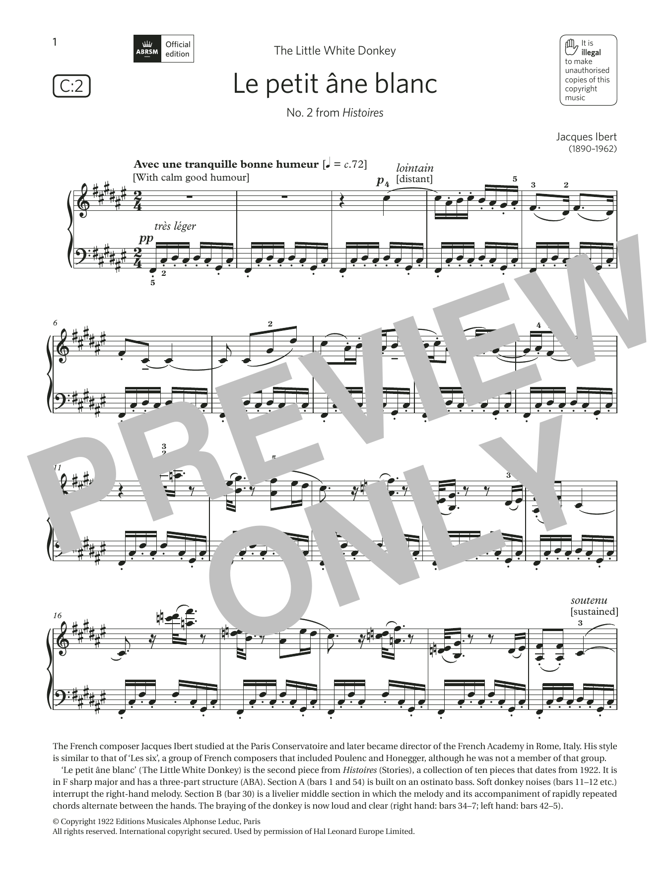 Jacques Ibert Le petit âne blanc (Grade 7, list C2, from the ABRSM Piano Syllabus 2021 & 2022 Sheet Music