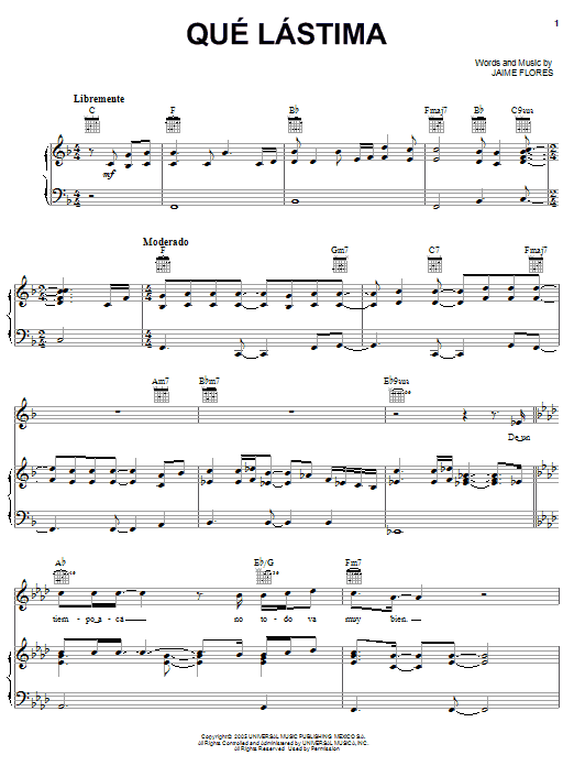Jaime Flores Que Lastima Sheet Music