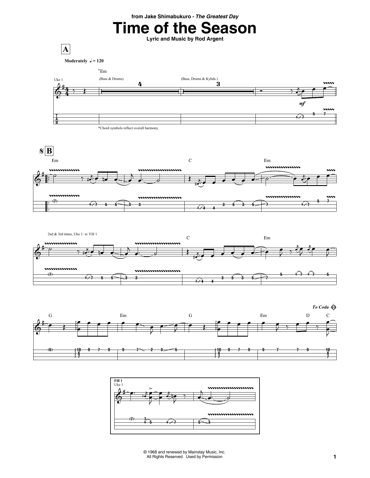 Jake Shimabukuro Time Of The Season Sheet Music