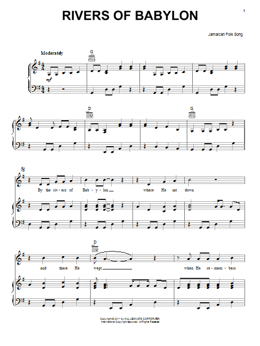 Jamaican Folk Song Rivers Of Babylon Sheet Music