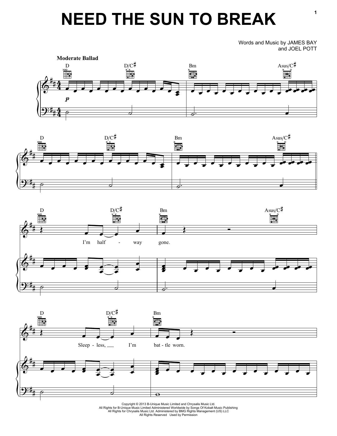 James Bay Need The Sun To Break Sheet Music