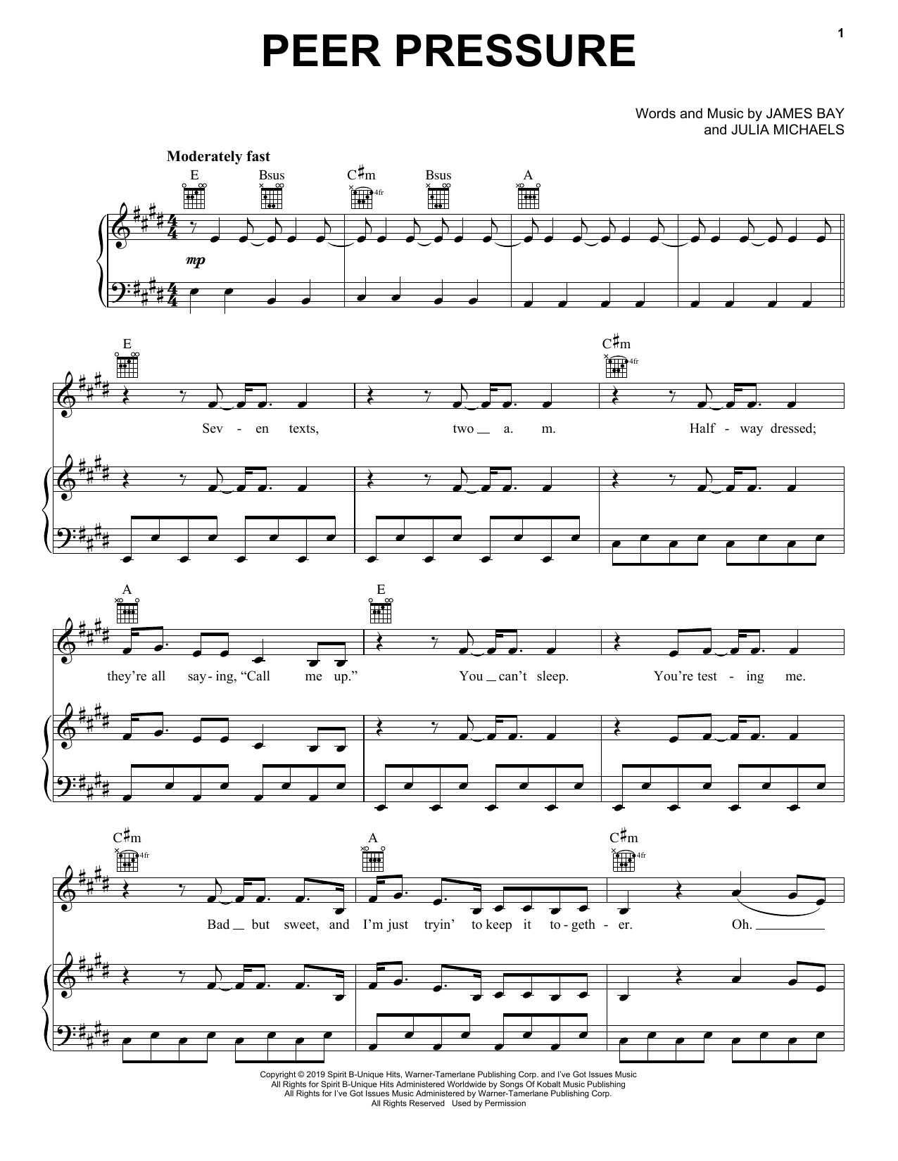 James Bay Peer Pressure (feat. Julia Michaels) Sheet Music