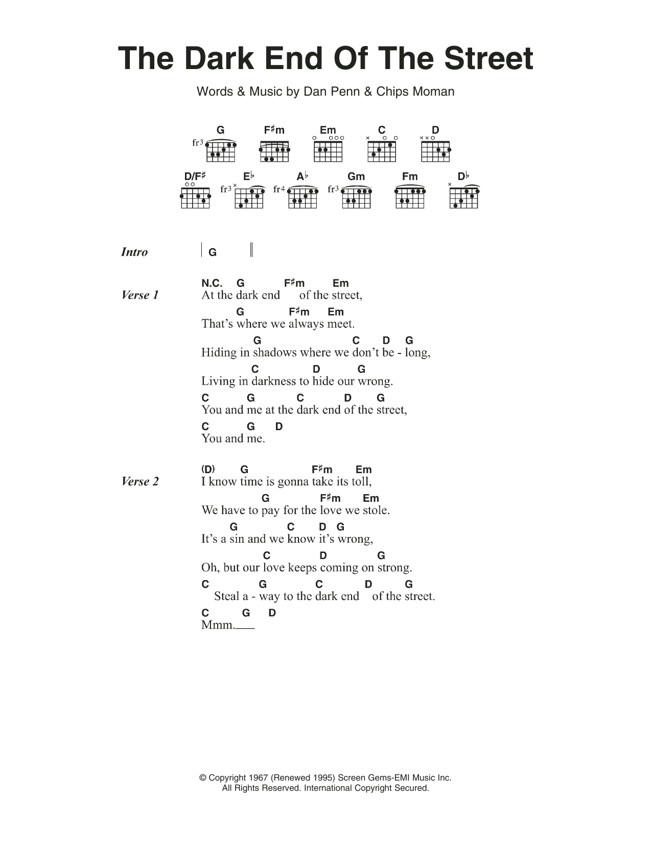 James Carr The Dark End Of The Street Sheet Music