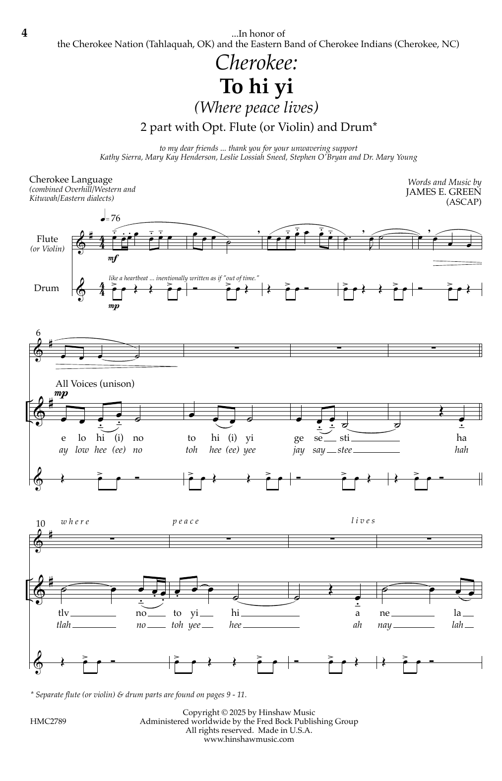 James E. Green Cherokee: To hi yi (Where Peace Lives) Sheet Music