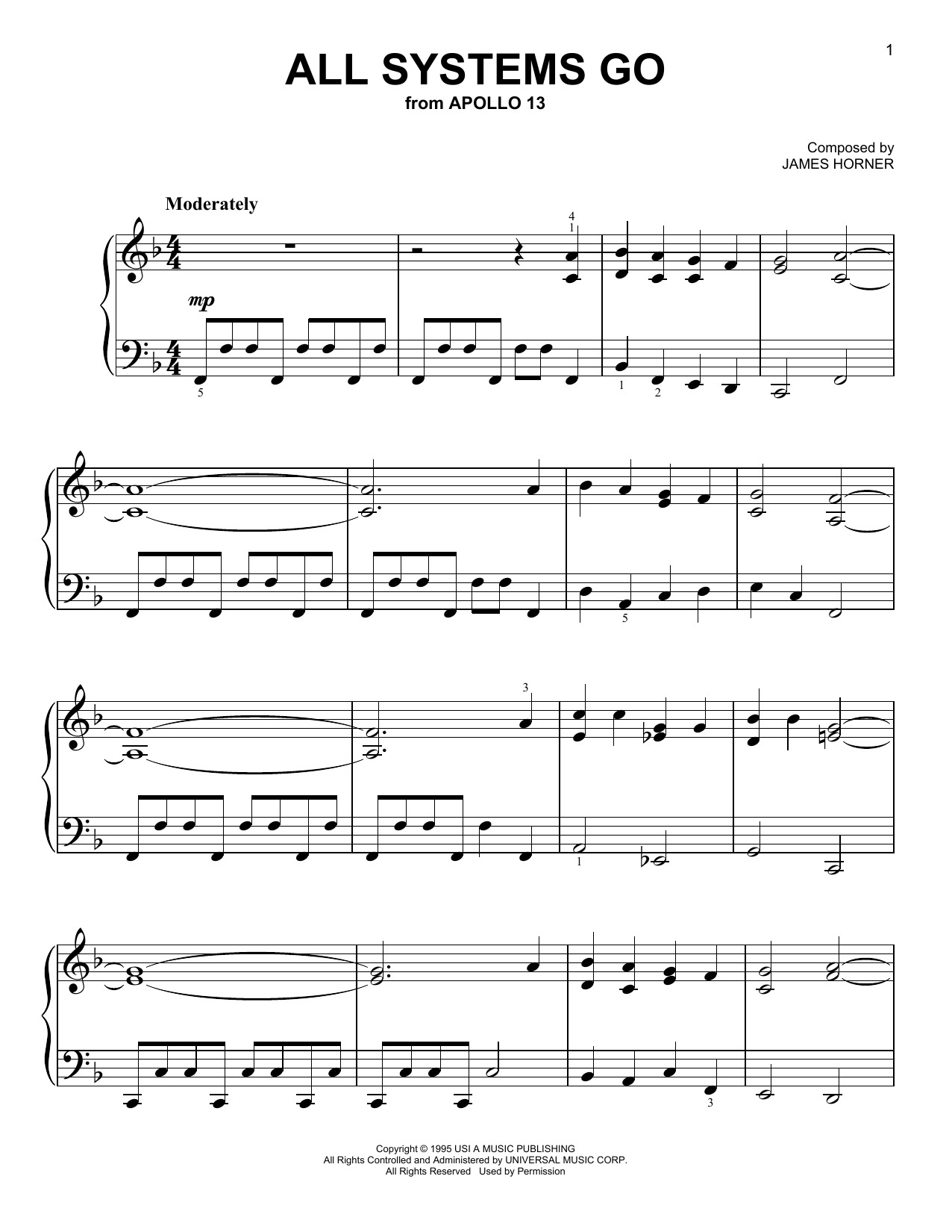 James Horner All Systems Go (from Apollo 13) Sheet Music