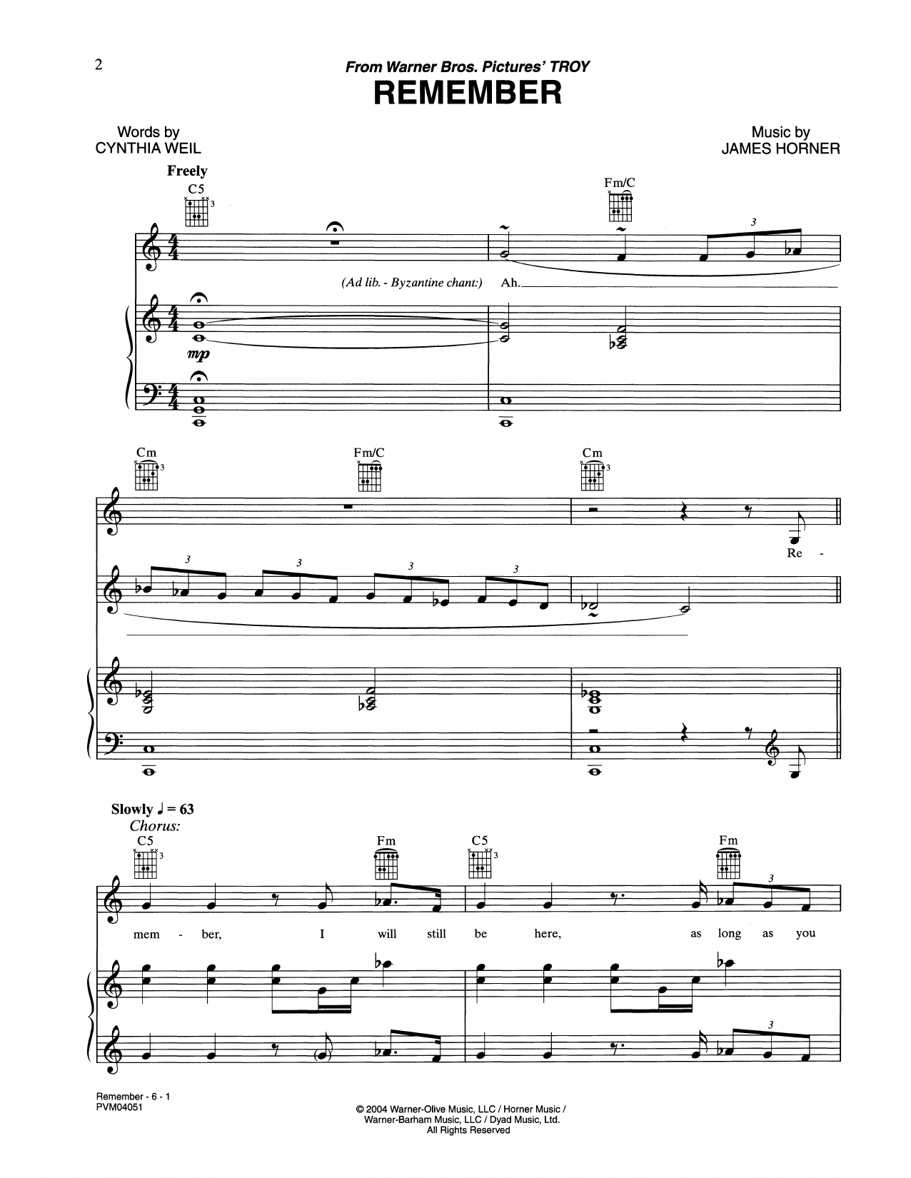 James Horner Remember (from Troy) Sheet Music