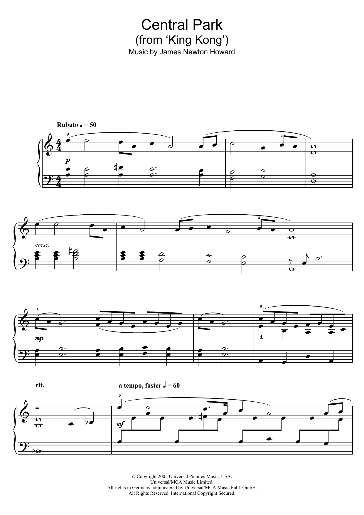 James Newton Howard Central Park (from King Kong) Sheet Music