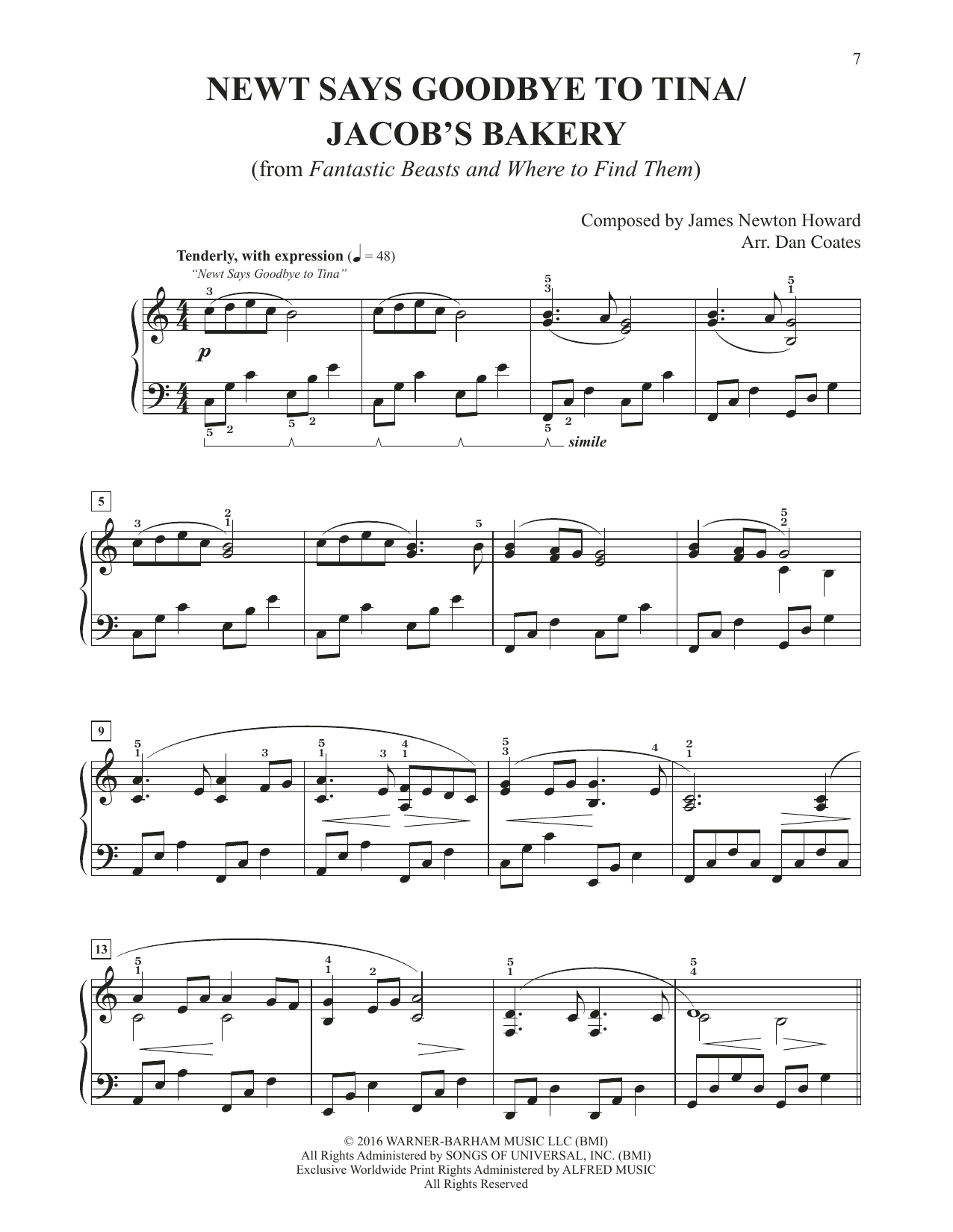 James Newton Howard Newt Says Goodbye To Tina / Jacob's Bakery (arr. Dan Coates) Sheet Music