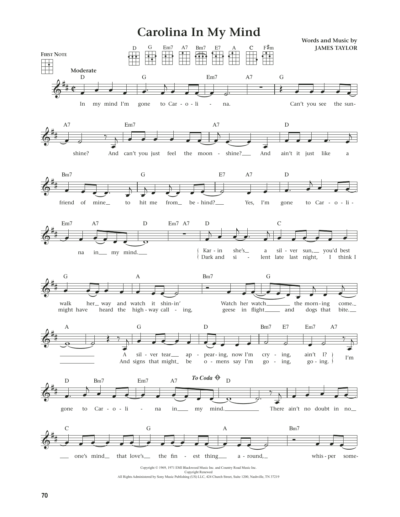 James Taylor Carolina In My Mind (from The Daily Ukulele) (arr. Jim Beloff) Sheet Music