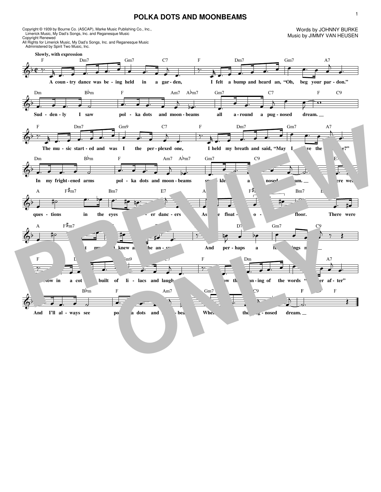Jimmy Van Heusen Polka Dots And Moonbeams Sheet Music