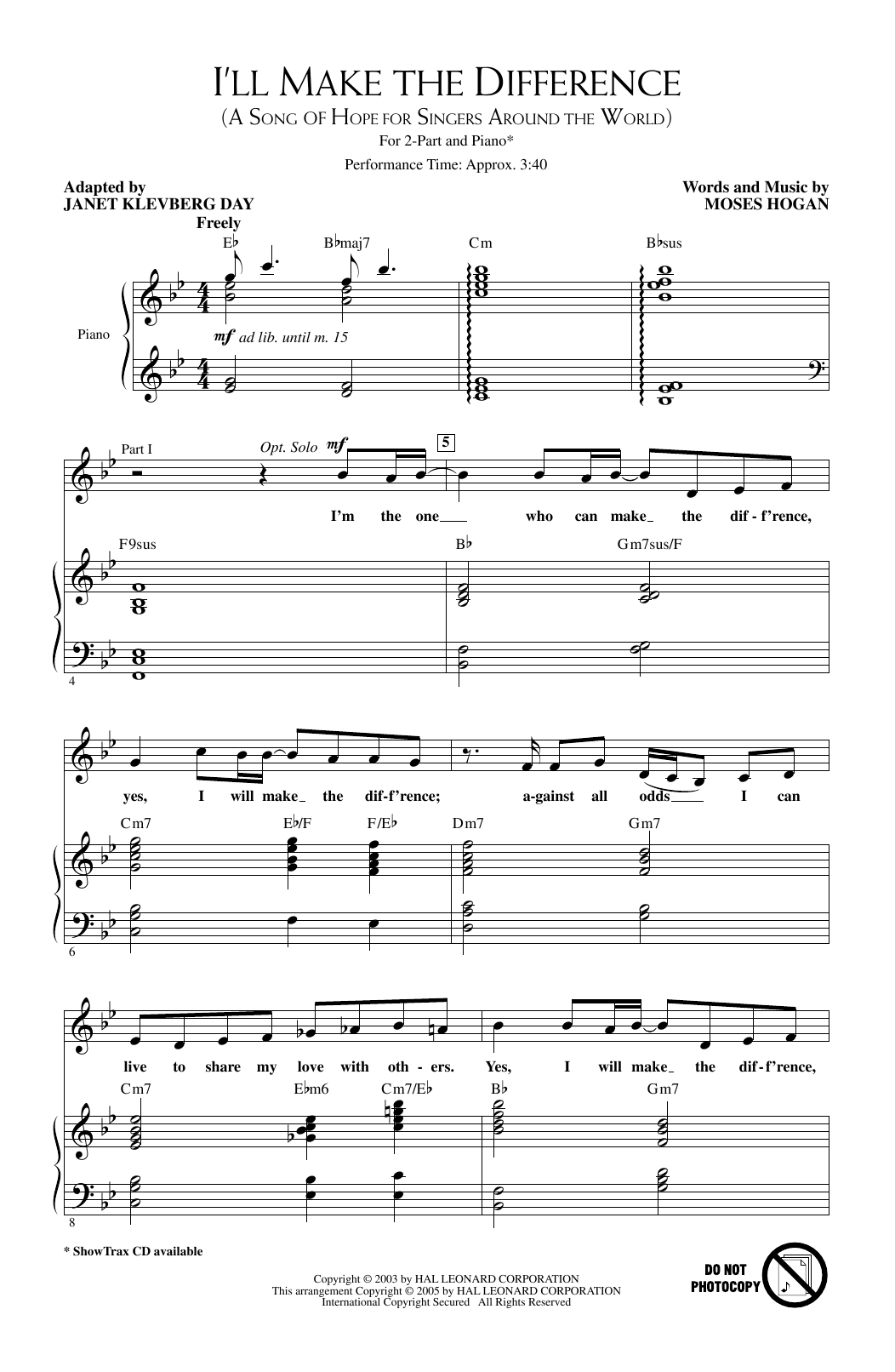 Janet Klevberg Day I'll Make The Difference (A Song Of Hope For Singers Around The World) Sheet Music