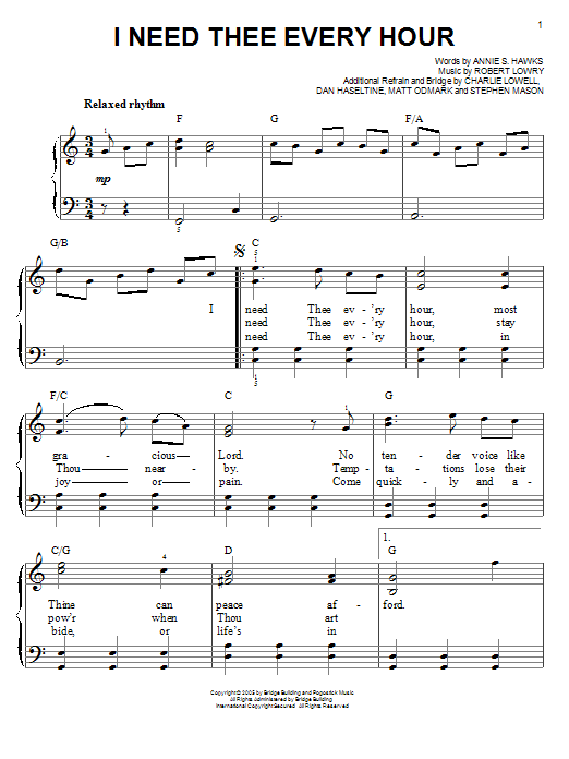 Jars Of Clay I Need Thee Every Hour Sheet Music