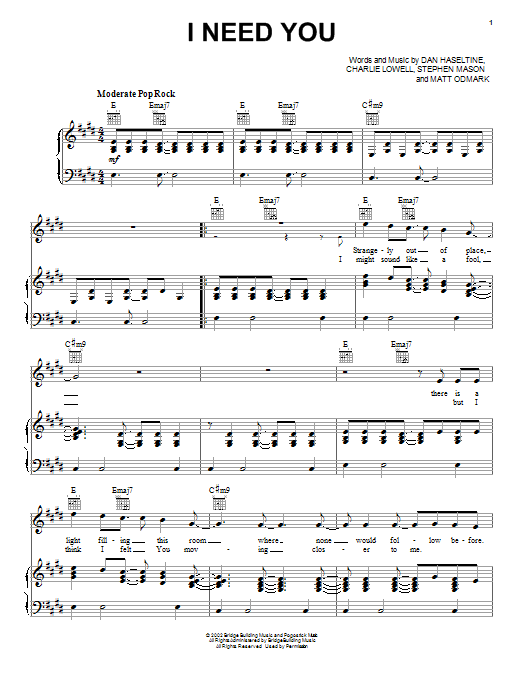 Jars Of Clay I Need You Sheet Music