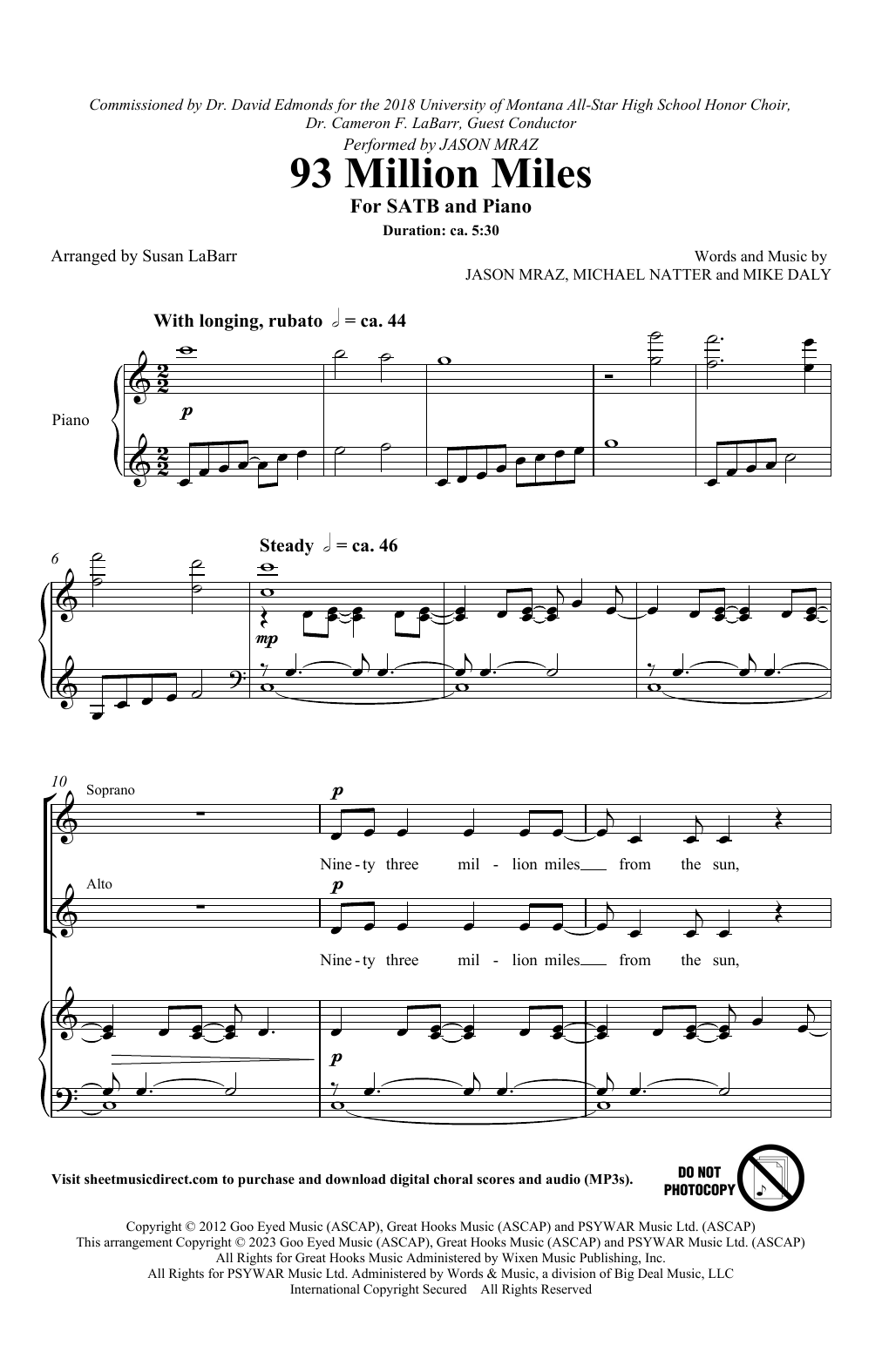 Jason Mraz 93 Million Miles (arr. Susan LaBarr) Sheet Music