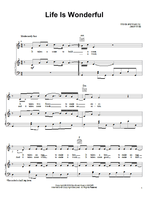 Jason Mraz Life Is Wonderful Sheet Music