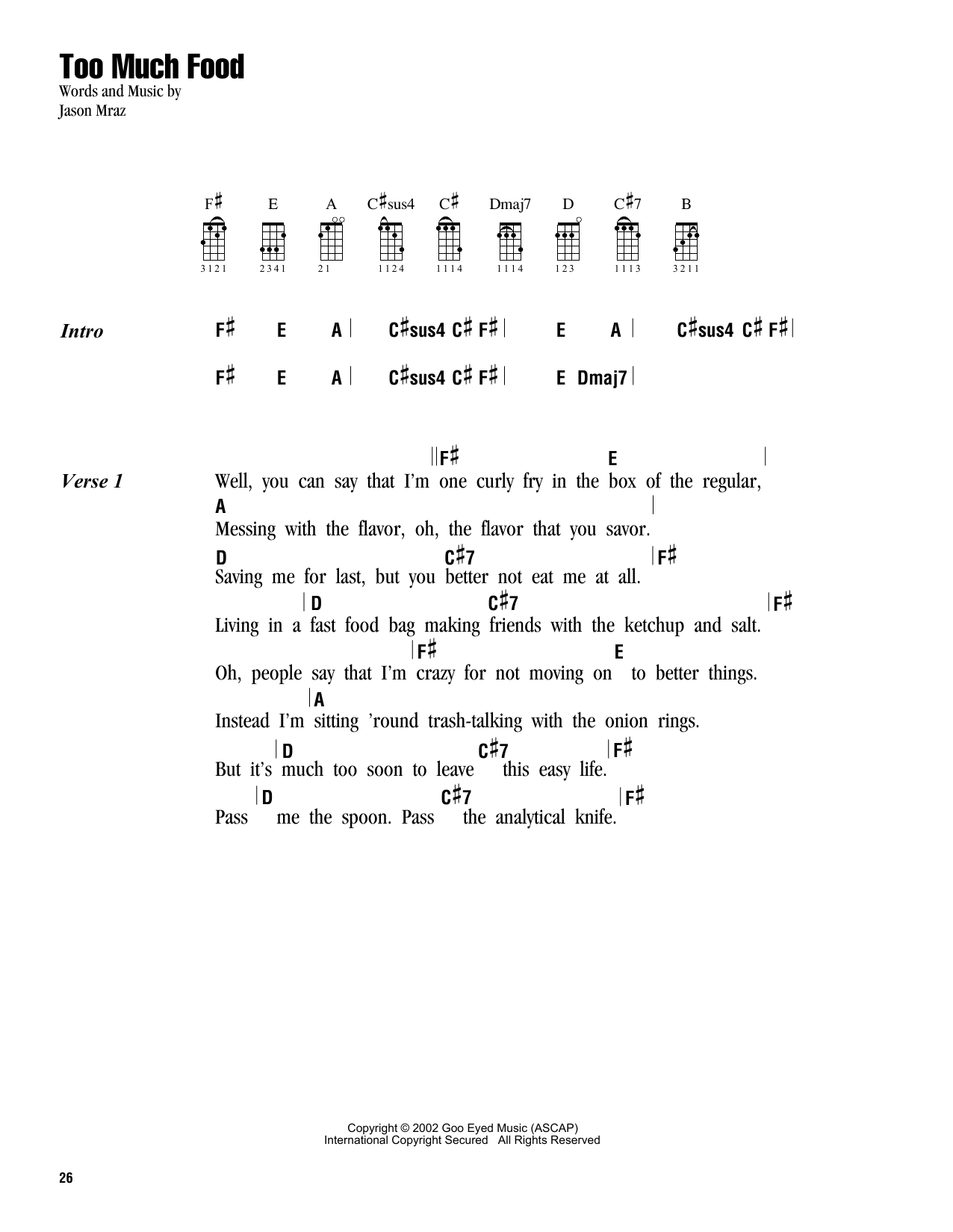 Jason Mraz Too Much Food Sheet Music