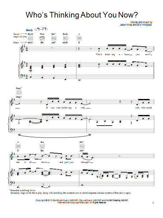 Jason Mraz Who's Thinking About You Now? Sheet Music