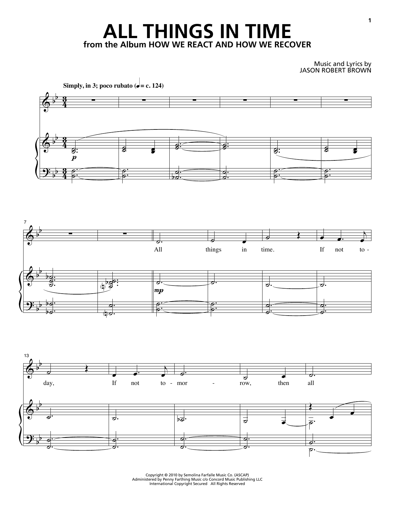 Jason Robert Brown All Things In Time (from How We React And How We Recover) Sheet Music