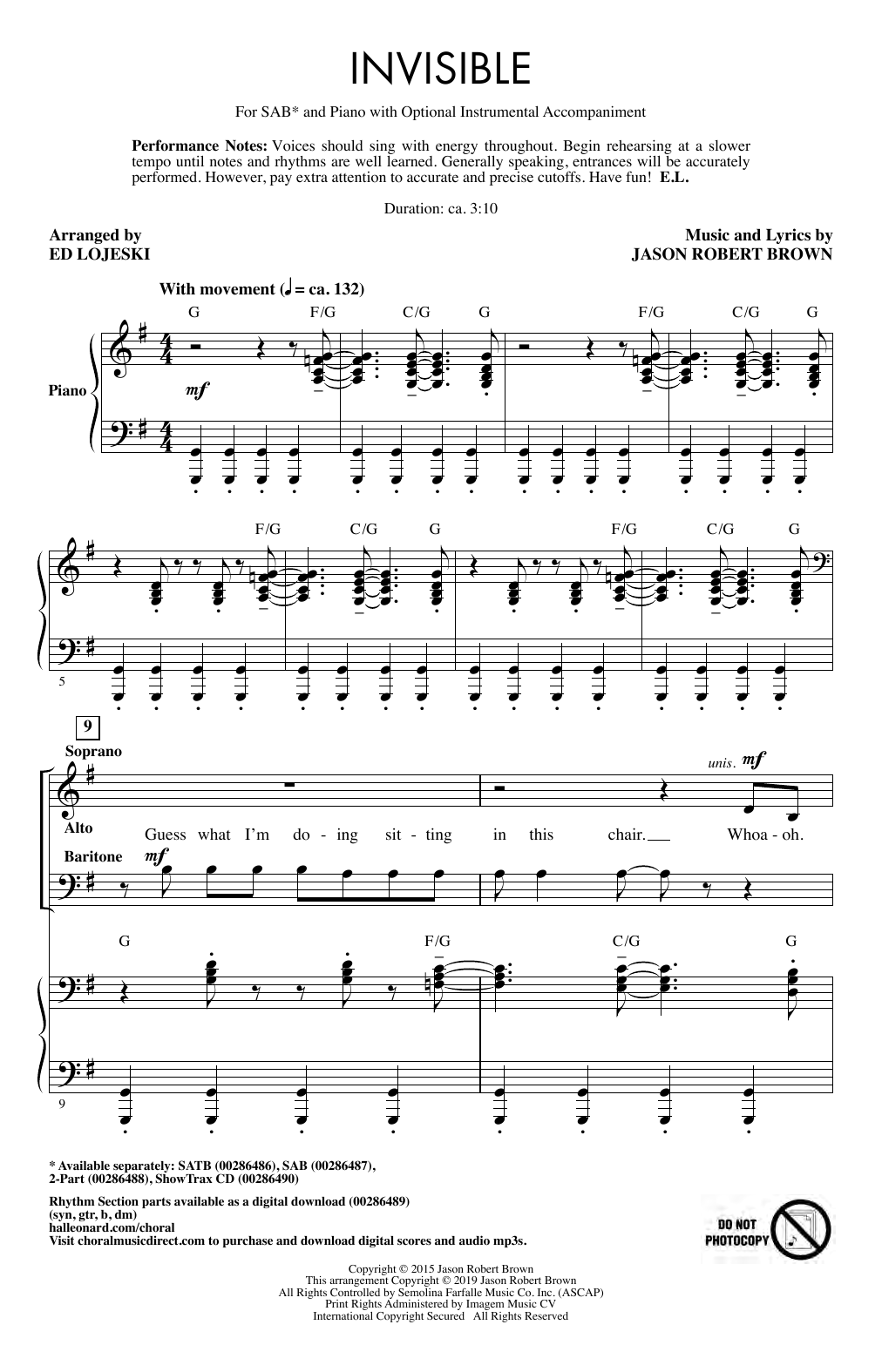 Jason Robert Brown Invisible (arr. Ed Lojeski) Sheet Music
