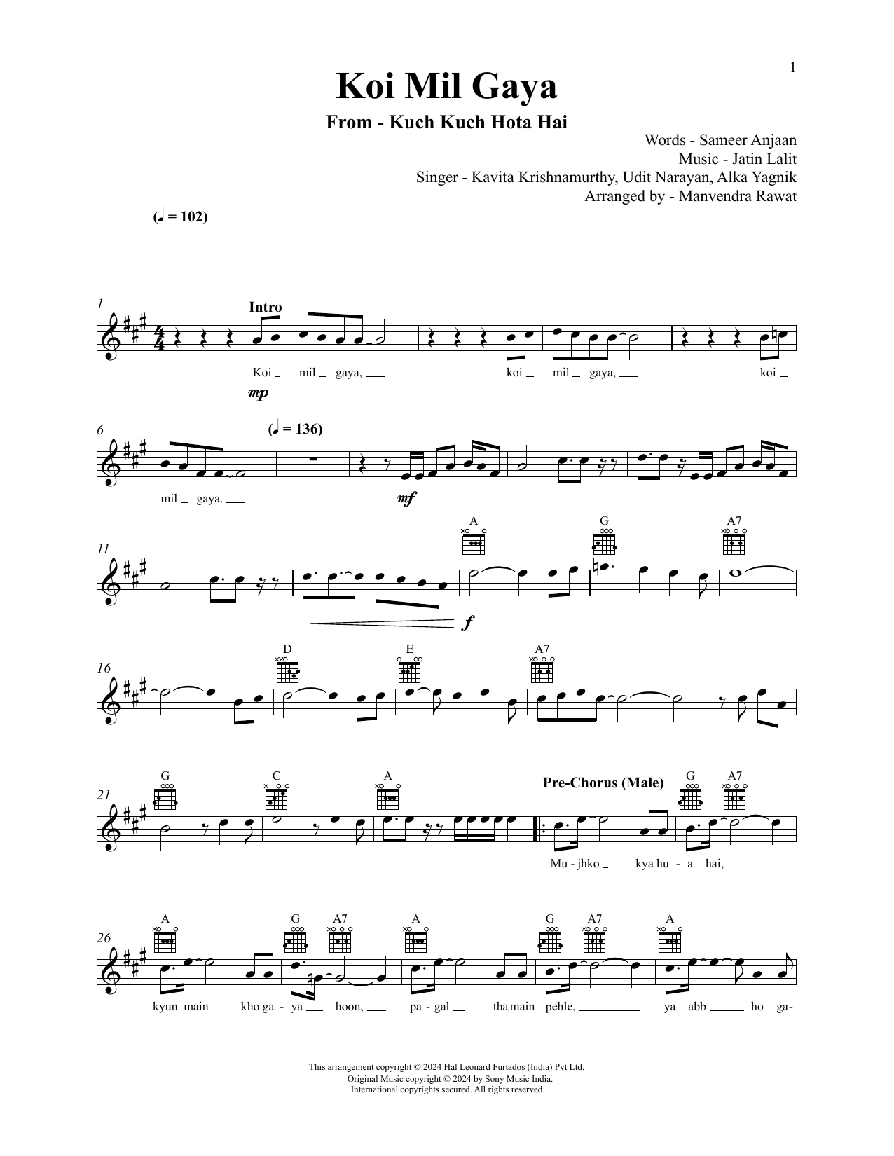 Jatin-Lalit, Udit Narayan and Alka Yagnik Koi Mil Gaya (from Kuch Kuch Hota Hai) Sheet Music