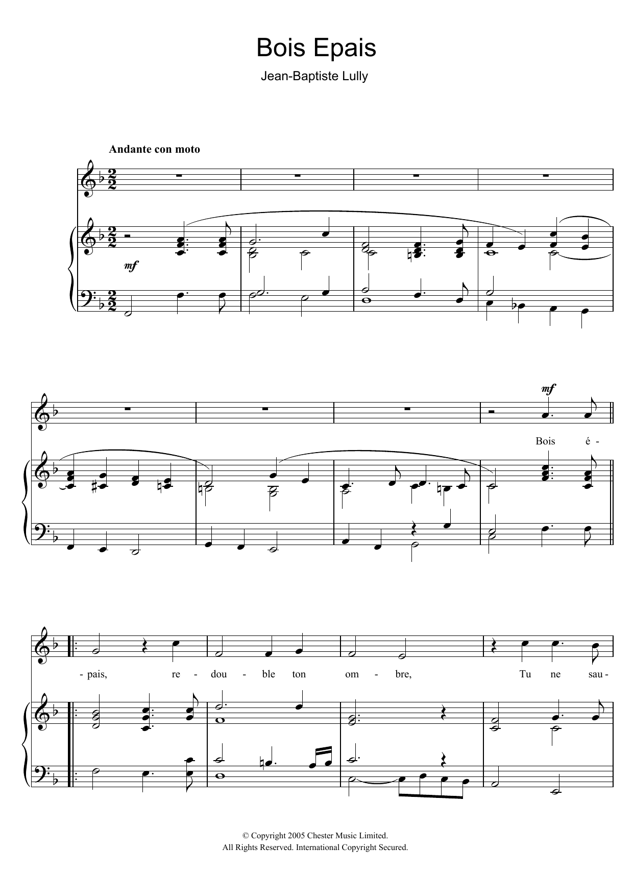 Jean-Baptiste Lully Bois Epais (from Amadis) Sheet Music