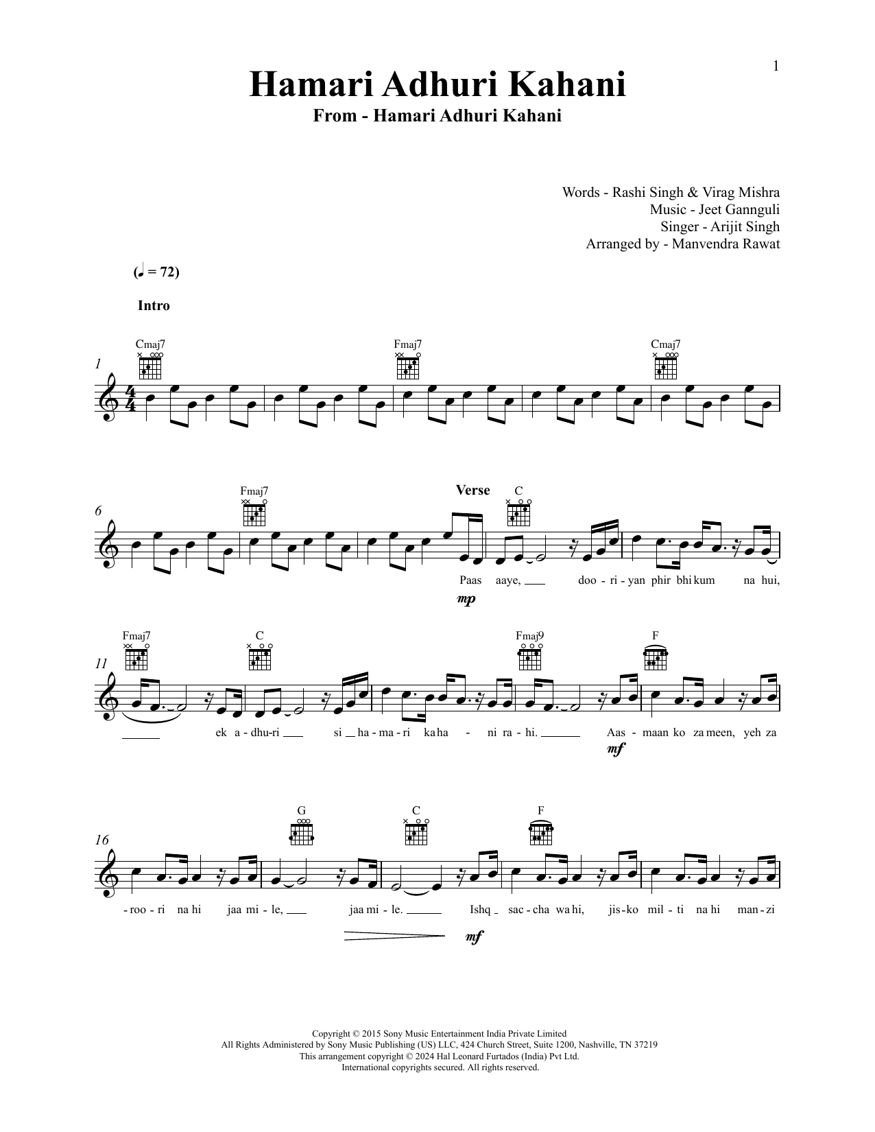 Jeet Gannguli and Arijit Singh Hamari Adhuri Kahani (Title Track) Sheet Music