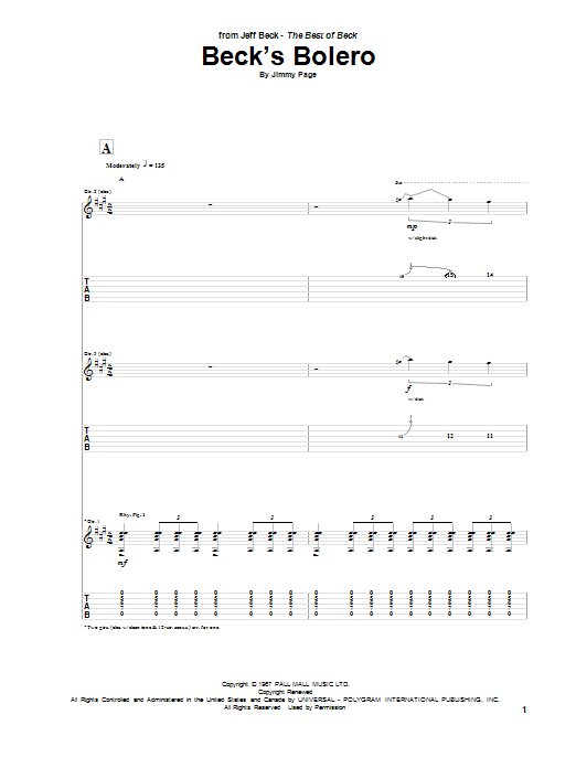 Jeff Beck Beck's Bolero Sheet Music