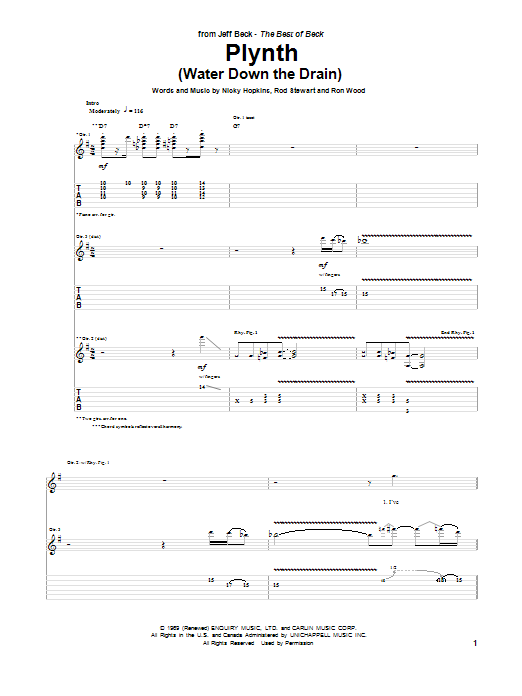 Jeff Beck Plynth (Water Down The Drain) Sheet Music